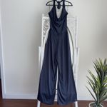 Ramy Brook Jumpsuit Womens 6 Navy Satin Halter Harriet Wide Leg Evening Career Photo 3