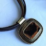 Leather Strand with Faux Fur Pendant Necklace Set Brown Photo 3