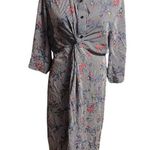 Suzanne Betro Long Sleeve Gray Striped Floral Design Waist Twist High Low Dress Photo 1