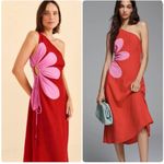 Farm Rio L Flower Cut-Out One Shoulder Midi Dress in Red and Pink Photo 1