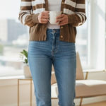 Michael Kors Womens Long Sleeve Striped Cardigan Sweater Brown/White Size M. Brown Size M Photo 0