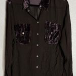 Newport News  Womens 18 Brown Sheer Velvet Pockets Trim Blouse Button Front Silk Photo 0