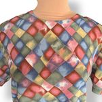 Vintage Blouse Harlequin Checkered Print Padded Shoulders Pastel Diamond Large Yellow Photo 2