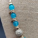 NWT Sequin Gold Tone & Blue Bead Collar Necklace Asymmetrical Paved Pendant 18" Photo 3