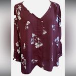 Collective Concepts  Merlot Floral Blouse Sheer V-Neck Burgundy XL EUC Photo 2