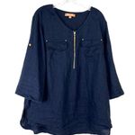 Ellen Tracy  Womens 1X 100% Linen Top Tunic Blue Gold Zipper Blouse Plus Size Photo 0