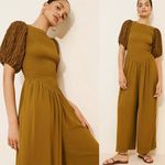 Free People NEW  Temperley Jumpsuit Khaki Green Puff Sleeve Sm Goblincore Fairy Photo 1