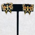 Vintage 1960s Rhinestone Butterfly Clip On Earrings Black Enamel Pastel Yellow Photo 1
