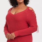 Torrid  Sweater Size 1X Red Lace-Up Cold Shoulder Ribbed V-Neck Pullover Photo 0