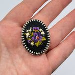 Vintage Black Purple Green Silver Floral Embroidered Needlepoint Oval Brooch Photo 1