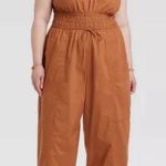 UNIVERSAL THREAD Brown TWILL Sleeveless SMOCK WAIST Straight Leg JUMPSUIT Sz M Photo 0