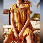 Free People Mustard Yellow Ruffle Trim Short Linen and Cotton Mini Dress Photo 1