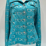 Just B Teal Linen Blend Lightweight Jacket w Rhinestone Sunglasses & Buttons L Blue Size L Photo 0