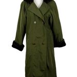 Larry Levine VTG Double Breasted Maxi Long Trench Coat Green Hooded faux Fur M Photo 5