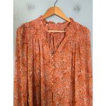 Free People  Lela Floral Smocked Ruffle Blouse Coral Size Medium Boho Sheer Photo 4