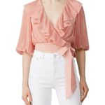 Amur 💕💕 Naya Ruffled Wrap Top Lemon Peach Rose Lace Small Puff Sleeve Crop Top Photo 5