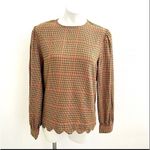 st. john's bay plaid scalloped Blouse top MEDIUM Tan Red Long Sleeve NWOT Photo 1