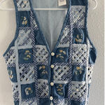 Vintage Vest Womens Size PL Blue Cream Gingham Embroidered Beaded Sunflower Photo 0