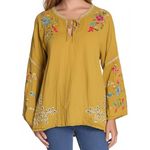 Johnny Was NWT  Womens Peasant Blouse Size M Mustard Yellow Floral Embroidered Photo 1