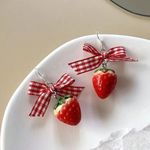 Strawberry Gingham Bow Earrings Red Photo 5
