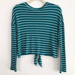 Good Luck Gem New Tie Hem Striped Top Button Down Long Sleeve Thermal Knit Teal Photo 10