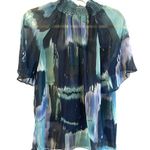 NWT Essentials by A.B.S. Watercolor Sheer Blouse S Mock Short sleeve $128 MSRP Blue Photo 1