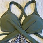 Medium Olive Sage Green Black White Striped Monokini One Piece Swimsuit Photo 3