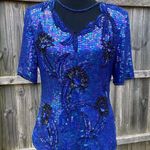 Vintage 80’s Stenay Blue Silk Beaded Sequin Floral Top Photo 0