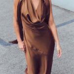 ZARA  maxi halter scarf satin plunge neck Brown  Evening Wedding Photo 6