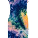 Urban Outfitters Love J Bodycon Rainbow Tie Dye Print Midi Dress Retro Stretchy Fitted Sleeveless Photo 2
