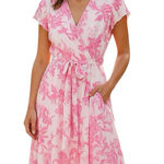 Eliza J Pink Floral Ruffle Midi Dress NWT Size 10 – High-Low Hem & Tie Waist Photo 0