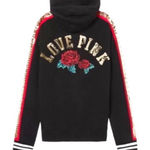 PINK - Victoria's Secret Victoria Secret Pink Lace Up Hoodie Pullover Sweatshirt Bling Rose Black Gold M Photo 0