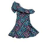 Josie Natori Festive Blue Ruffle Patterned One Shoulder Fitted Dress Size 2 Photo 0