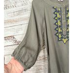 Pink Lily  Women's Embroidered Henley Flowy Boho Blouse Olive Green Size Small Photo 4