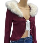 Romwe Faux Fur Removable Collar Burgundy Ribbed Knit Tie Front Bell Sleeve Cardigan M Photo 2