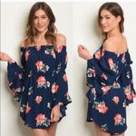 Navy Off Shoulder Floral Dress NWT Ruffle Sleeve Boho Summer Mini Blue Photo 1