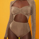 SheIn  Taupe Long Sleeve Slinky Cut-Out Bodysuit Photo 0