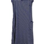Toad & Co Muse Dress S Midi Stripe Navy Blue White Scrunch Ruche Tie Side V-Neck Photo 11