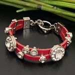 Red Genuine Leather Rhinestone Charms 7 1/2” Toggle Bracelet 36g. Photo 0