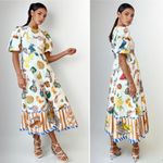 Alemais Theo Midi Dress Tropical Print Linen Cotton Puff Sleeve Size 0 NWT White Photo 14