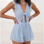 Lucy in the Sky  Blair Romper Small Blue‎ Swiss Dot Sheer Ruffle Tie Front Cute Photo 2