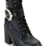 Karl Lagerfeld Black Leather Pearl Dottie Lace-Up Ankle Boots Heels Booties Photo 0
