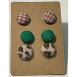 None Fabric Covered Button Earring Stud Set Green Brown‎ Photo 4