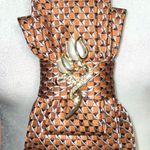 Geometric copper Patterned Brown neckTie necklace with Pearl Brooch. New Photo 0