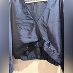 Free People  Women's Sexy Top Navy Blue Satin Feel Bell Sleeve V Neck Size S Photo 3