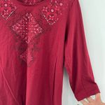 Laura Scott  1X Womens Red 3/4 Sleeve Floral Rhinestone Tee Top Shirt Photo 4