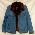 Denim&Co Blue Jacket Brown Faux Fur lining pockets Wo size smallclean condition Photo 0