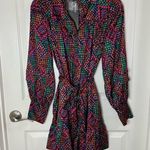 Fate Geo Print Collard Tie Waist Dress Women’s size Medium Colorful Long Sleeve Black Photo 1