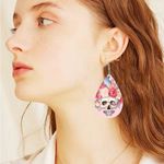 Pink Rose Flower Skull Print‎ Dangle Halloween Earrings Bohemian Faux Leather Photo 0