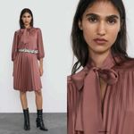 ZARA  Pleated Long Sleeve Tie-Neck Mini Dress in Dusty Rose Pink Bloggers Fave, M Photo 1